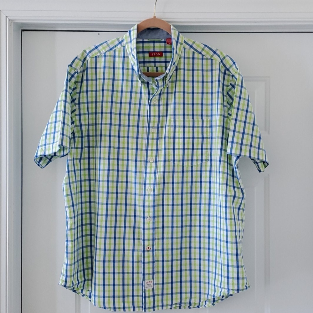 Izod Plaid Short Sleeve 100% Cotton Chambray Shirt
